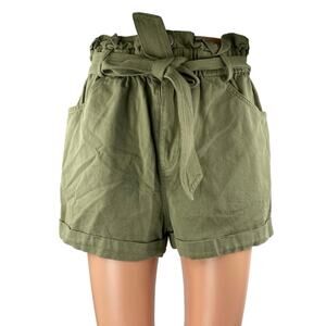 Aqua Women's Green High Waisted Belted Pocket Casual Paperbag Mini Shorts Size S